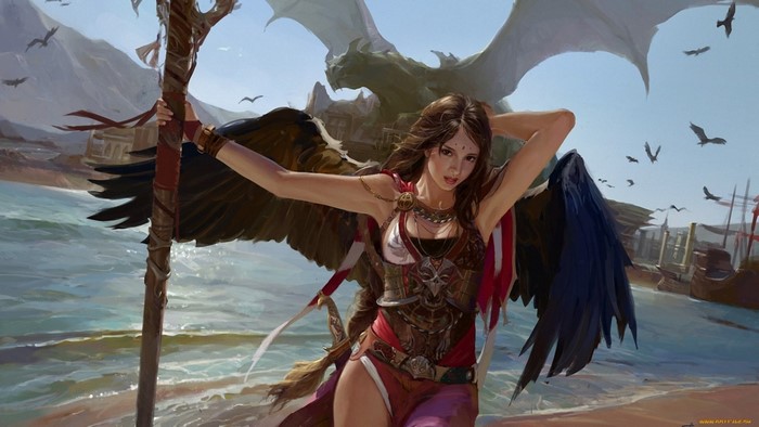 Fantasy art of a winged woman and a dragon