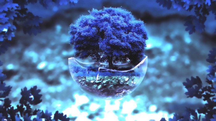 Blue tree in a glass orb with glowing background
