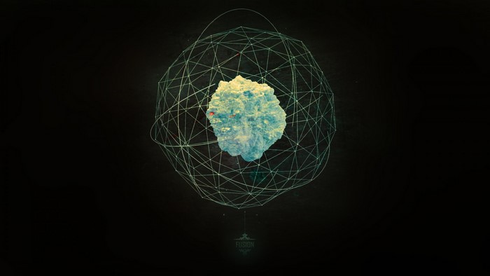 Abstract digital art with geometric sphere and rock