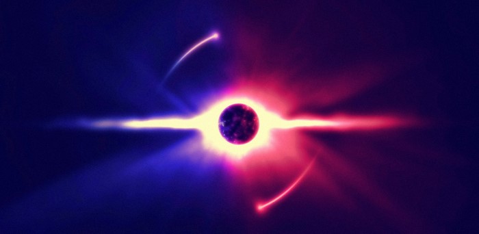 Digital art of a planet with light flares and streaks