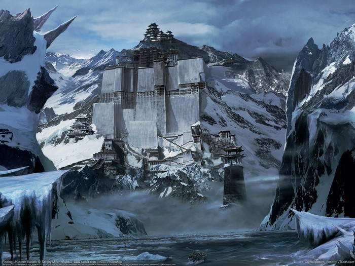 Fantasy fortress on a snowy mountain range
