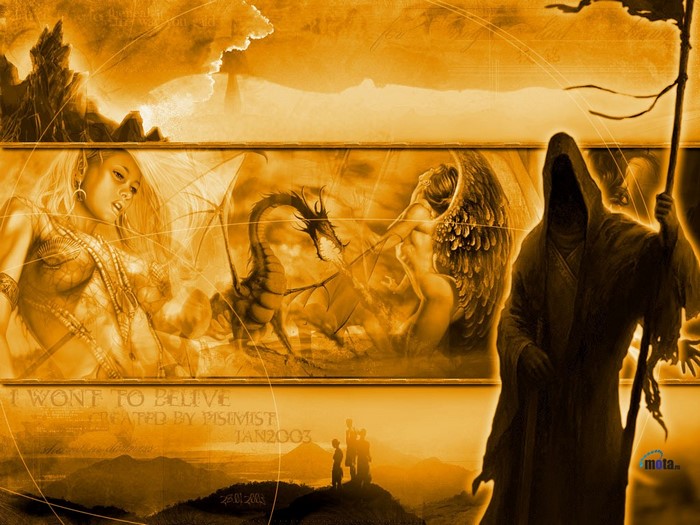 Fantasy art with elf, dragon, angel, and grim reaper