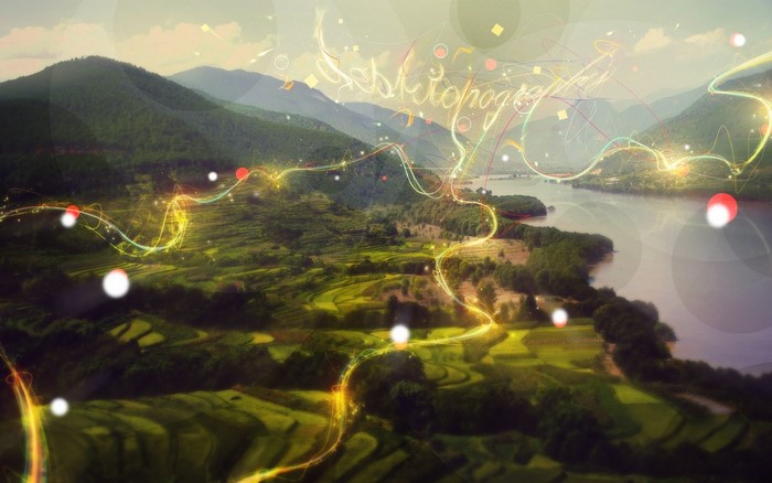 Digital art landscape with glowing lights and mountains