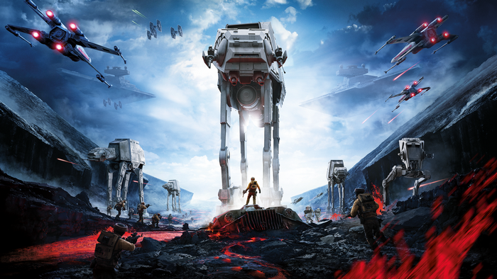 Star Wars Battlefront AT-ATs and X-wings battle on volcanic terrain