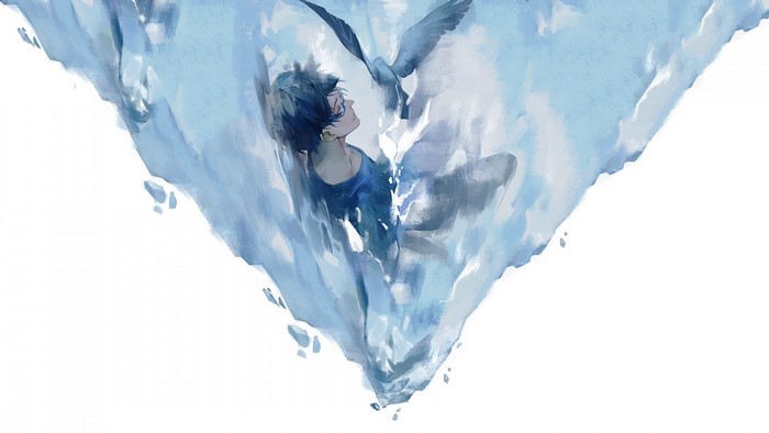 Anime boy and bird in ice