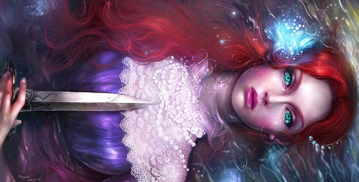 Fantasy art of a woman with red hair and a dagger