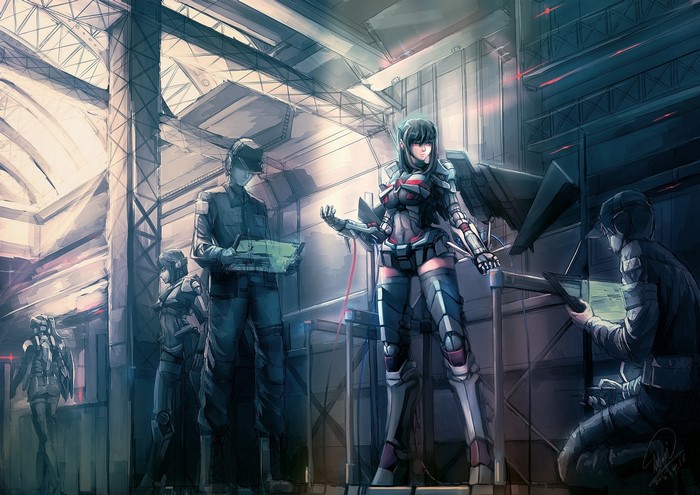 Anime characters in futuristic armor in a hangar