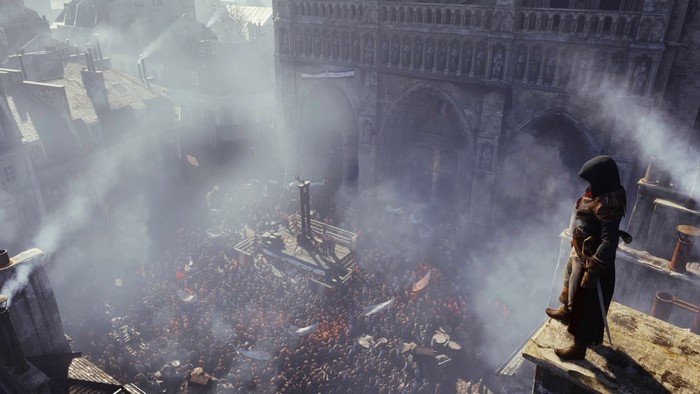 Assassin from Assassin's Creed overlooking a crowd and guillotine