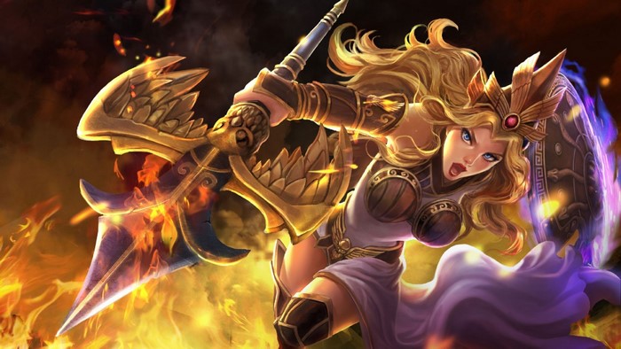 Athena from Smite holding a spear and shield