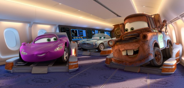 Mater, Holley, and Finn from Cars 2 on an airplane