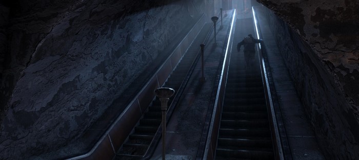 Man running up escalator in dark tunnel