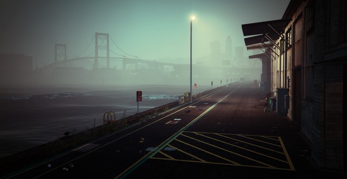 Grand Theft Auto V screenshot of a foggy city waterfront