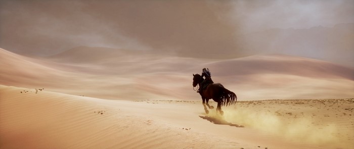 Dragon Age Inquisition: Horseback rider in a desert landscape