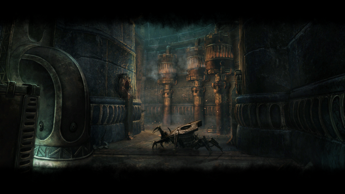 Dwemer spider automaton in a stone chamber