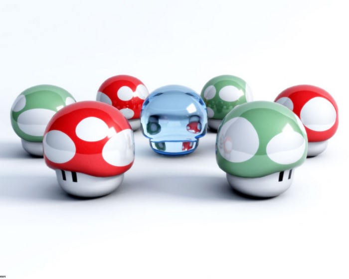 Super Mario mushrooms and a glass mushroom