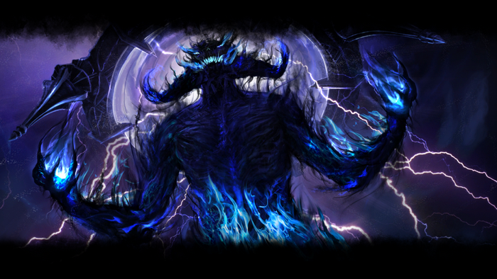 Dark fantasy creature with blue flames and lightning