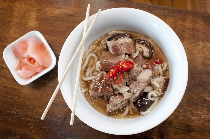 Bowl of noodles with meat and mushrooms