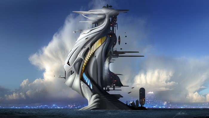 Futuristic architecture on the sea with a cityscape