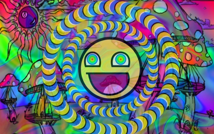 Psychedelic illustration with smiley face and mushrooms