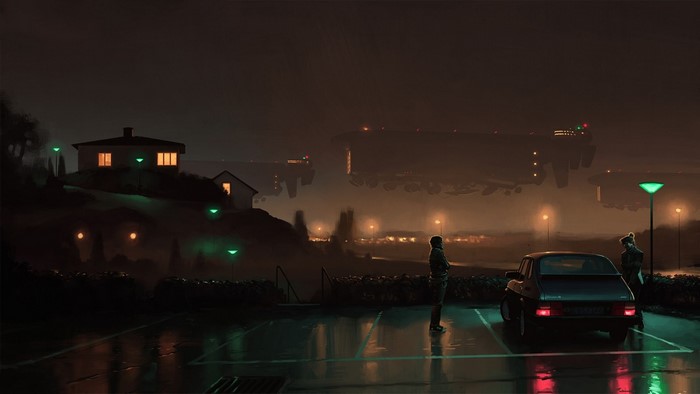 Saab 900 Night Scene with Futuristic Spaceships