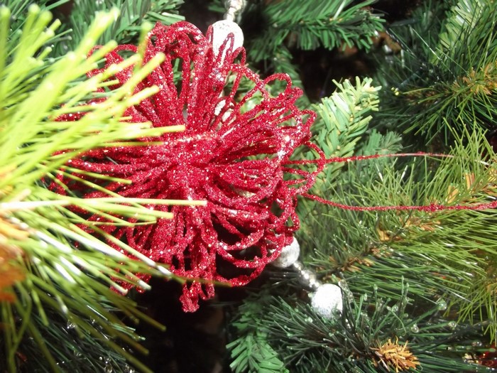Red glitter Christmas ornament on a pine tree