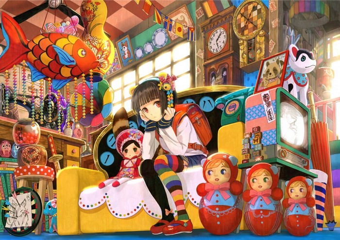 Anime girl with toys and a clock