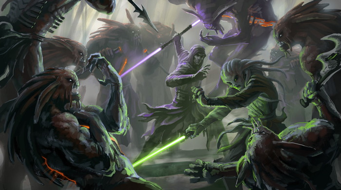 Star Wars characters fighting with lightsabers