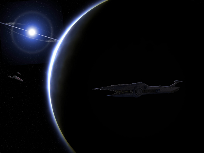Star Wars ships near a planet and a star