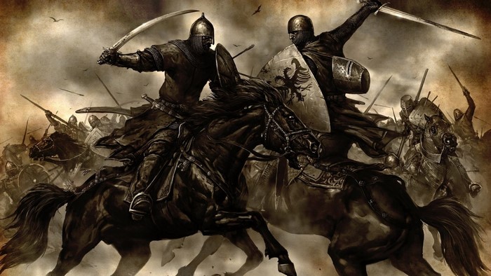 Two knights on horseback in battle