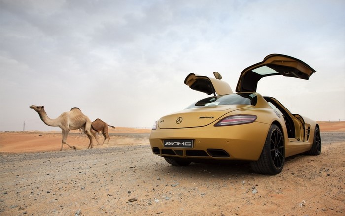 Golden Mercedes-Benz SLS AMG with Gullwing Doors and Camels in Desert