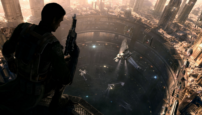 Star Wars soldier overlooking a battle in a city
