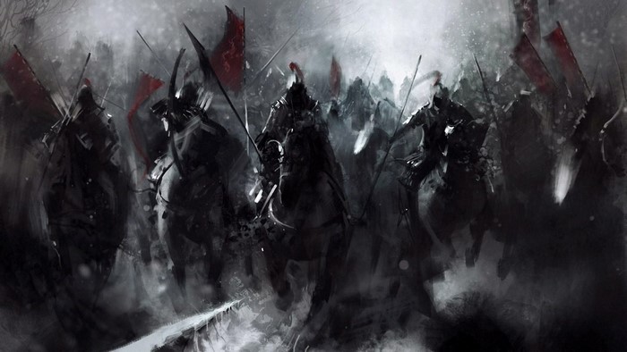 Dark fantasy knights on horseback with red banners