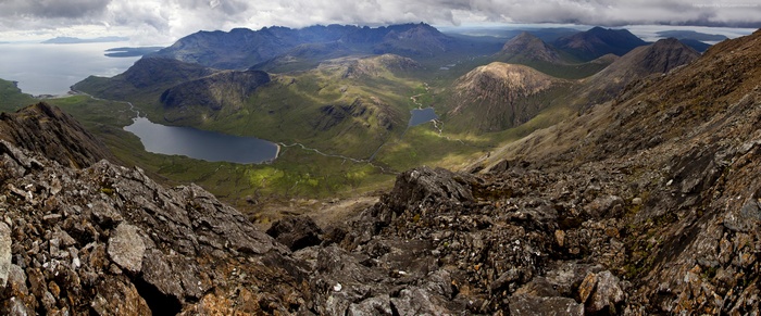Panoramic view of Scottish mountains and lochs