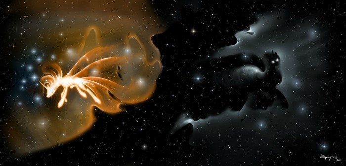 Cosmic unicorn and shadow creature in space nebula