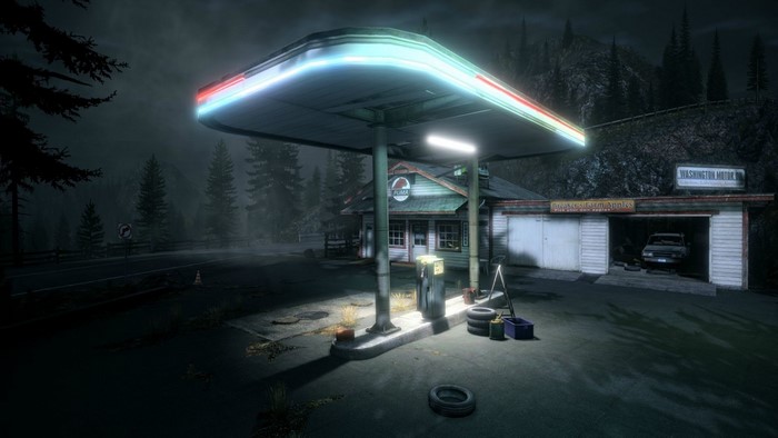 Alan Wake gas station at night