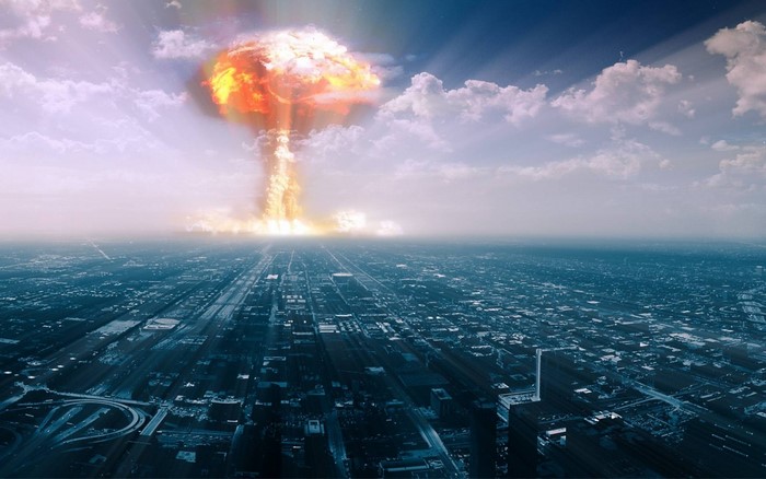 Nuclear explosion over a cityscape