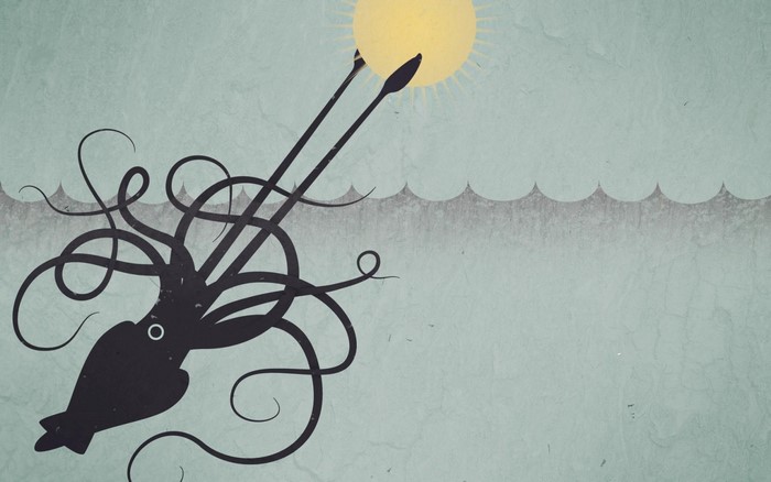 Illustration of a black squid with tentacles reaching for the sun