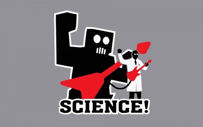 Robot and scientist playing guitars with SCIENCE! text