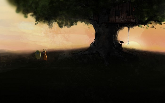 Two creatures near a treehouse at sunset