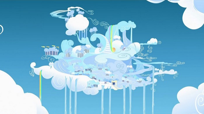 Cloud kingdom with waterfalls and rainbows