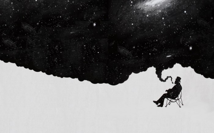 Man in hat smoking pipe under starry night sky
