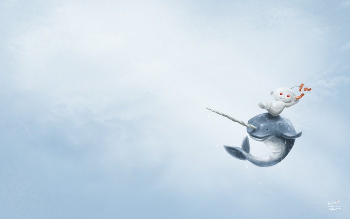 Snoo riding a narwhal in the sky