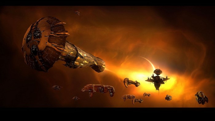 Spaceships in EVE Online near a bright nebula
