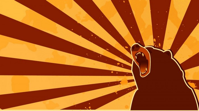Illustration of a roaring bear with sunburst background