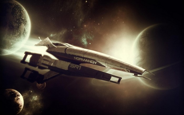 Normandy SR1 spaceship in outer space near planets