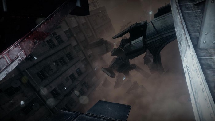 Destroyed city with debris and smoke