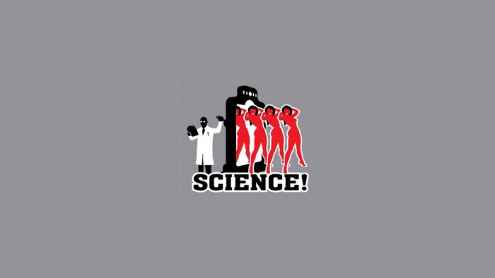 Scientist and women emerging from a portal with "SCIENCE!" text
