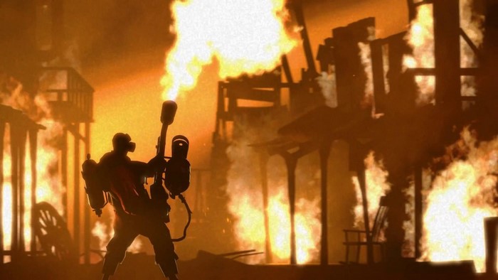 Pyro from Team Fortress 2 setting a town on fire