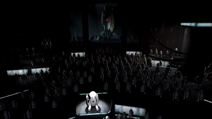 GLaDOS addressing an audience of turrets in Portal