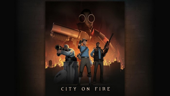 Team Fortress 2 characters in a city on fire